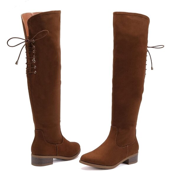 Women's Camel Faux Suede Over The Knee High Side Zip Block Heel Riding Booties - Picture 5 of 6